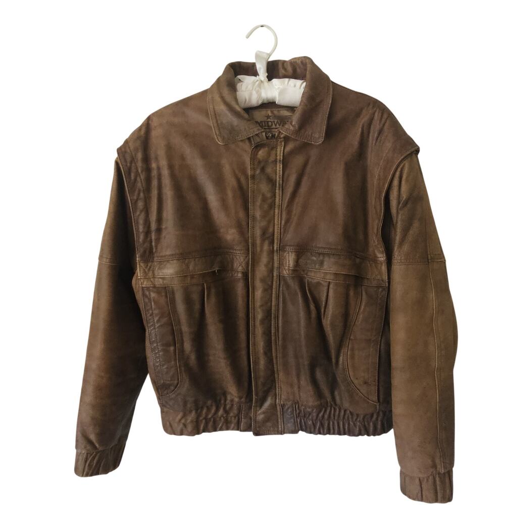 Vintage 80s Midway Bomber Jacket Brown Leather Mens L 40 Made In KOREA ZIP
